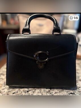 Black Leather Top-Handle Satchel with Signature C Accent